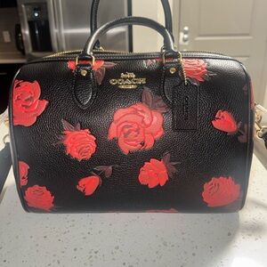 Coach Black and Red Rose Large Rowan Satchel
